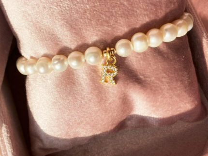 Natural White Pearl Bracelet with Gold-Plated "R" Letter (Letters can be customized)